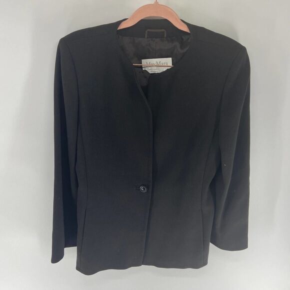 MaxMara Strong Shoulder Black wool notch collar Single Button Blazer womens 8 - Picture 1 of 7
